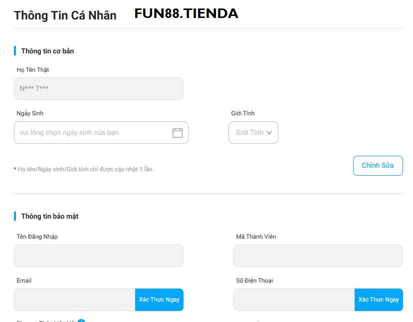Cập nhật thông tin tài khoản fun88 Cập nhật thông tin tài khoản fun88